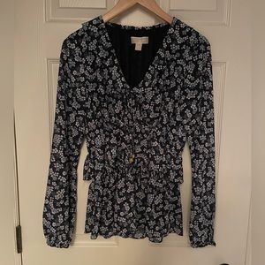 Michael Kors, blue and white blouse with gathered waist
